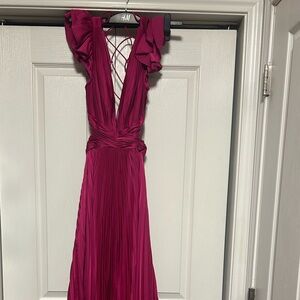 Mac Duggal Pink Ruched Ruffled strappy back flared Gown